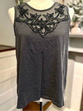 Lucky Brand Charcoal Gray Embroidered Mesh Yoke Tank